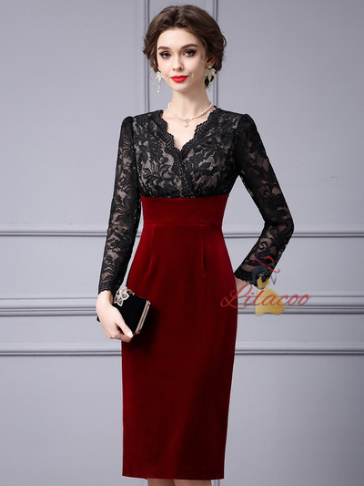 Burgundy Velvet Lace V-neck Mother Of The Bride Dress