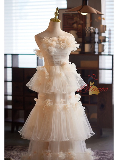 Champagne Tulle 3D Flower Wedding Dress