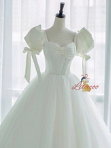 White Tulle Puff Sleeve Bow Wedding Dress
