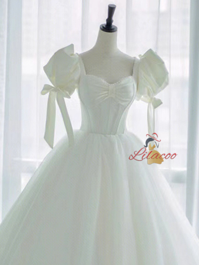 White Tulle Puff Sleeve Bow Wedding Dress