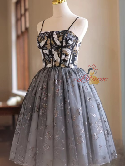 Black Tulle Sequins Embroidery Homecoming Dress