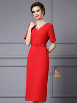 Red V-neck Short Sleeve Mother Of The Bride Dress