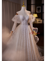 White Lace Tulle Long Sleeve Straps Wedding Dress