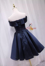 Navy Blue Satin Off the Shoulder Pleats Homecoming Dress