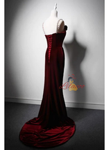 Burgundy Mermaid Velvet Straps Flower Prom Dress