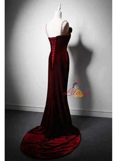 Burgundy Mermaid Velvet Straps Flower Prom Dress
