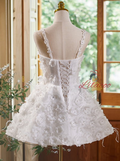 White Lace 3D Flower Homecoming Dress