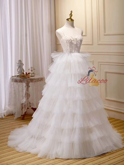 White Tulle Spaghetti Straps Tiers Wedding Dress