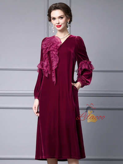 Burgundy Velvet V-neck Mother Of The Bride Dress