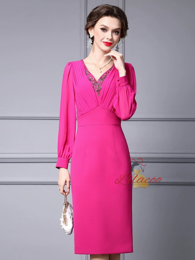 Fuchsia Pleats Beading Mother of the Bride Dress