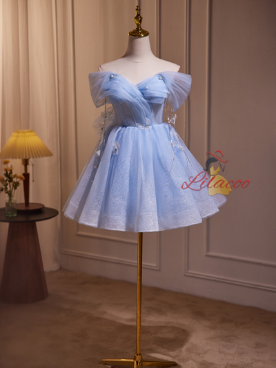 Blue Tulle Sequins Off the Shoulder Homecoming Dress