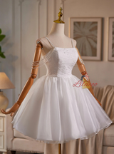 White Tulle Straps Pearls Homecoming Dress