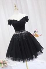 Black Tulle Pleats Beading Homecoming Dress