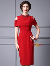 Red Short Sleeve High Neck Mother Of The Bride Dress