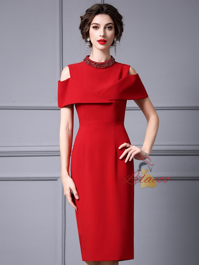 Red Short Sleeve High Neck Mother Of The Bride Dress