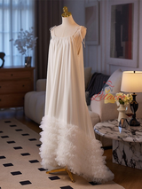 White Loose Tulle Straps Wedding Dress