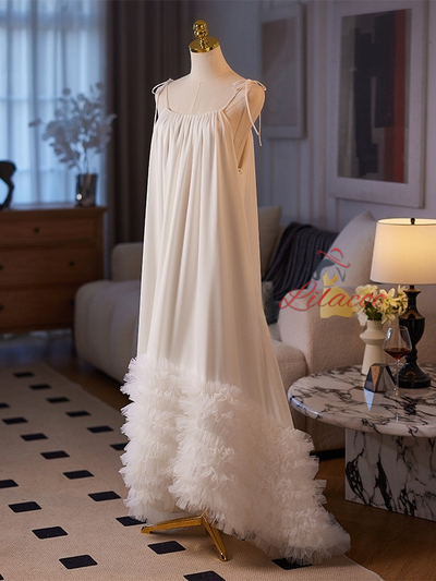 White Loose Tulle Straps Wedding Dress