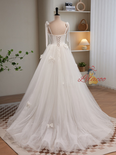 White Tulle Spaghetti Straps Pearls Bow Wedding Dress