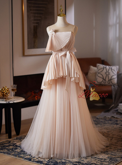Champagne Tulle Backless Pleats Wedding Dress