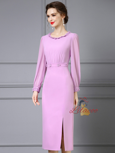 Pink Purple Long Sleeve Mother Of The Bride Dress