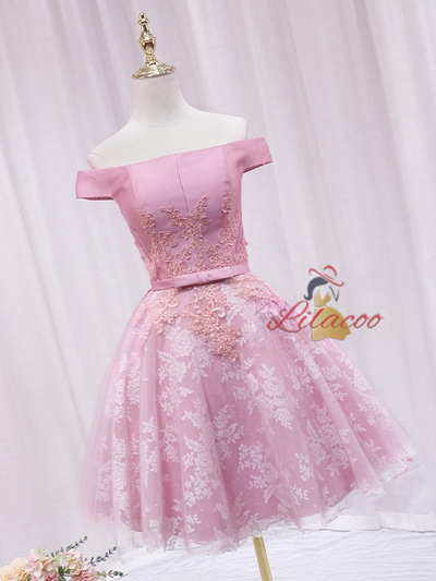 Pink Tulle Lace Off the Shoulder Homecoming Dress