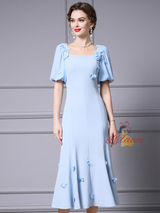 Puff Sleeve Flower Beading Mother Of The Bride Dress