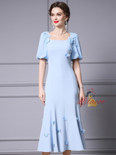 Puff Sleeve Flower Beading Mother Of The Bride Dress