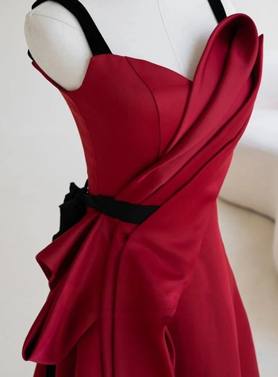 Burgundy Satin Straps Pleats Prom Dress