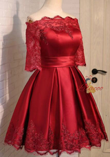 Burgundy Satin Short Sleeve Appliques Homecoming Dress