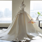 Ivory Satin Off the Shoulder Pleats Wedding Dress
