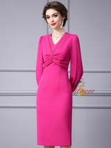 Fuchsia V-neck Long Sleeve Beading Mother Of The Bride Dress
