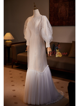 White Mermaid Lace Tulle Long Sleeve Wedding Dress