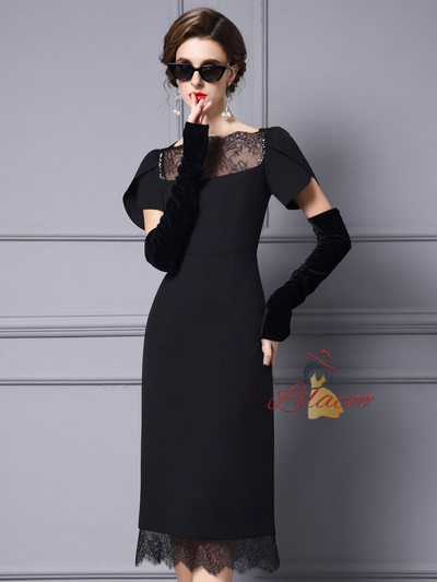Black Short Sleeve Lace Mother Of The Bride Dress
