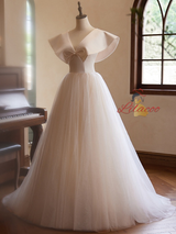 A-Line Champagne Tulle V-neck Wedding Dress
