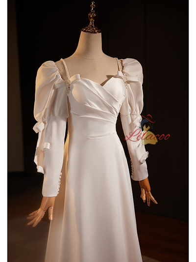 White Satin Long Sleeve Pearls Pleats Wedding Dress