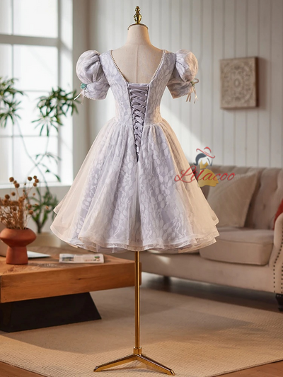 Gray Tulle Lace Puff Sleeve Homecoming Dress