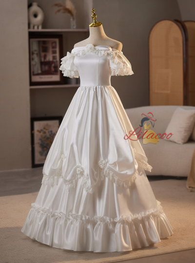 White Satin Off the Shoulder Wedding Dress