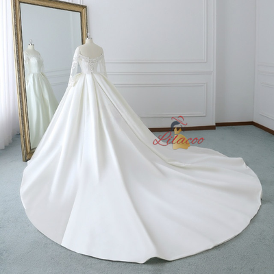 Ivory White Satin Long Sleeve Wedding Dress