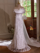 White Mermaid Sequins Bow Wedding Dress