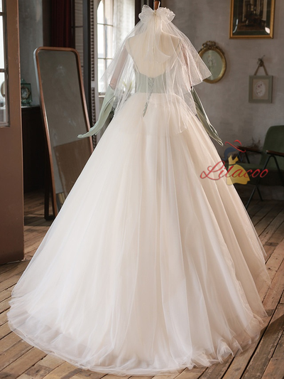 White Tulle Green Satin Straps Wedding Dress