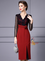 Red Lace V-neck Mother Of The Bride Dress