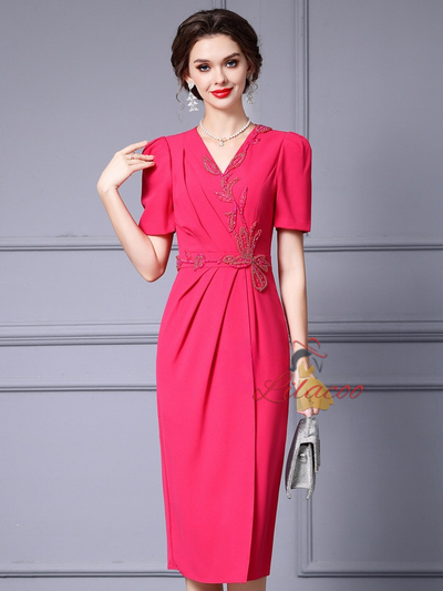 Fuchsia V-neck Mother Of The Bride Dress