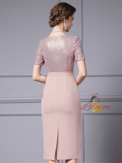 Pink Sequins V-neck Mother Of The Bride Dress