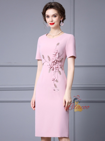 Pink Short Sleeve Flower Mother Of The Bride Dress