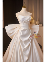 White Satin Strapless Bow Wedding Dress