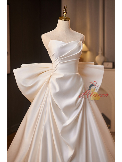 White Satin Strapless Bow Wedding Dress