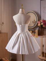 White Satin Strapless Lace Appliques Homecoming Dress