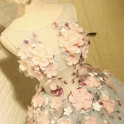 Gray Tulle 3D Appliques Homecoming Dress