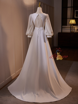 White V-neck Puff Sleeve Pleats Wedding Dress