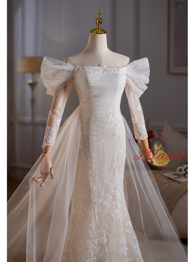 White Mermaid Tulle Lace Pleats Wedding Dress